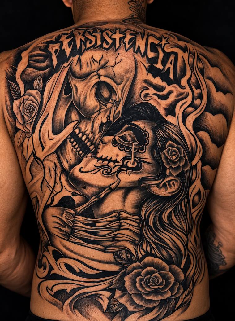 Costas fechada com lettering e caveira
