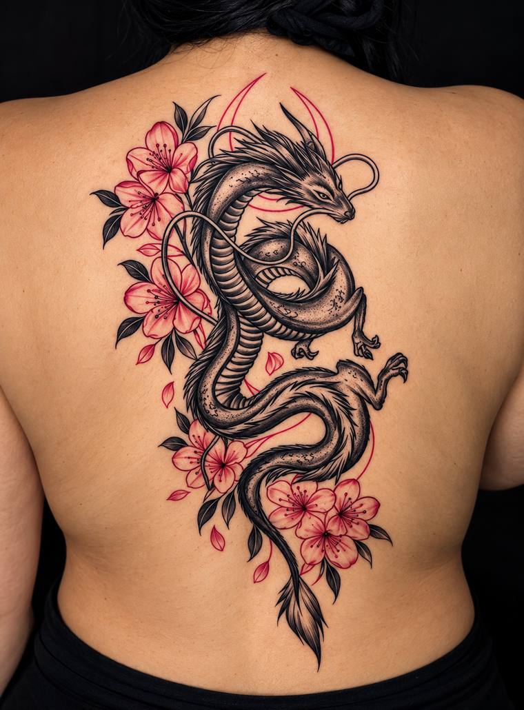 Dragão com cerejeiras em vermelho